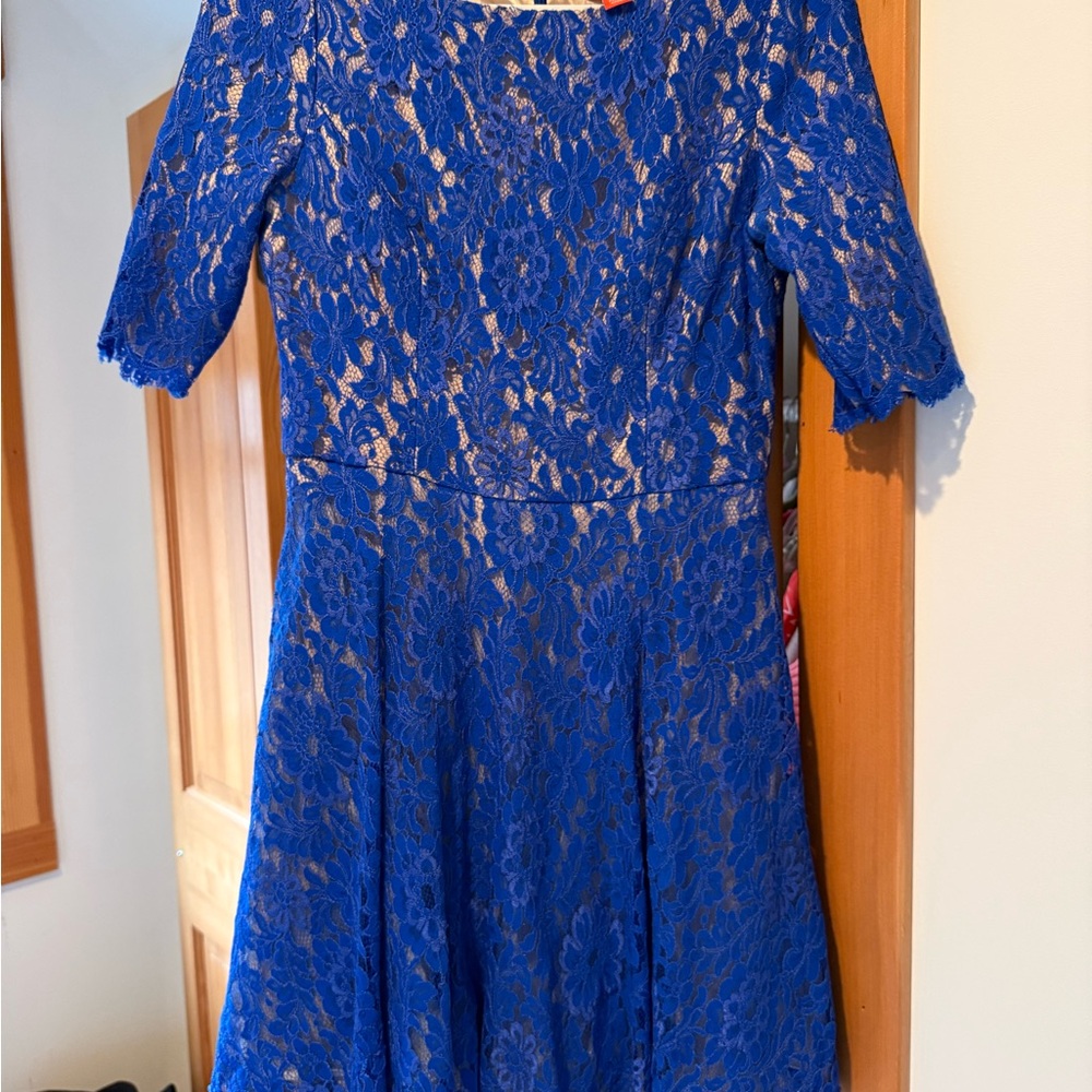 Monique Lhuillier Cobalt Blue Floral Lace Midi Dress